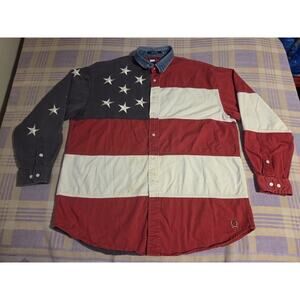90s Vintage Tommy Hilfiger American Flag Shirt Large Stars Stripes Embroidered